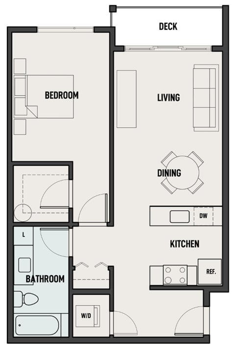 Floor plan for 1 bed, 1 bath, 734 sqft